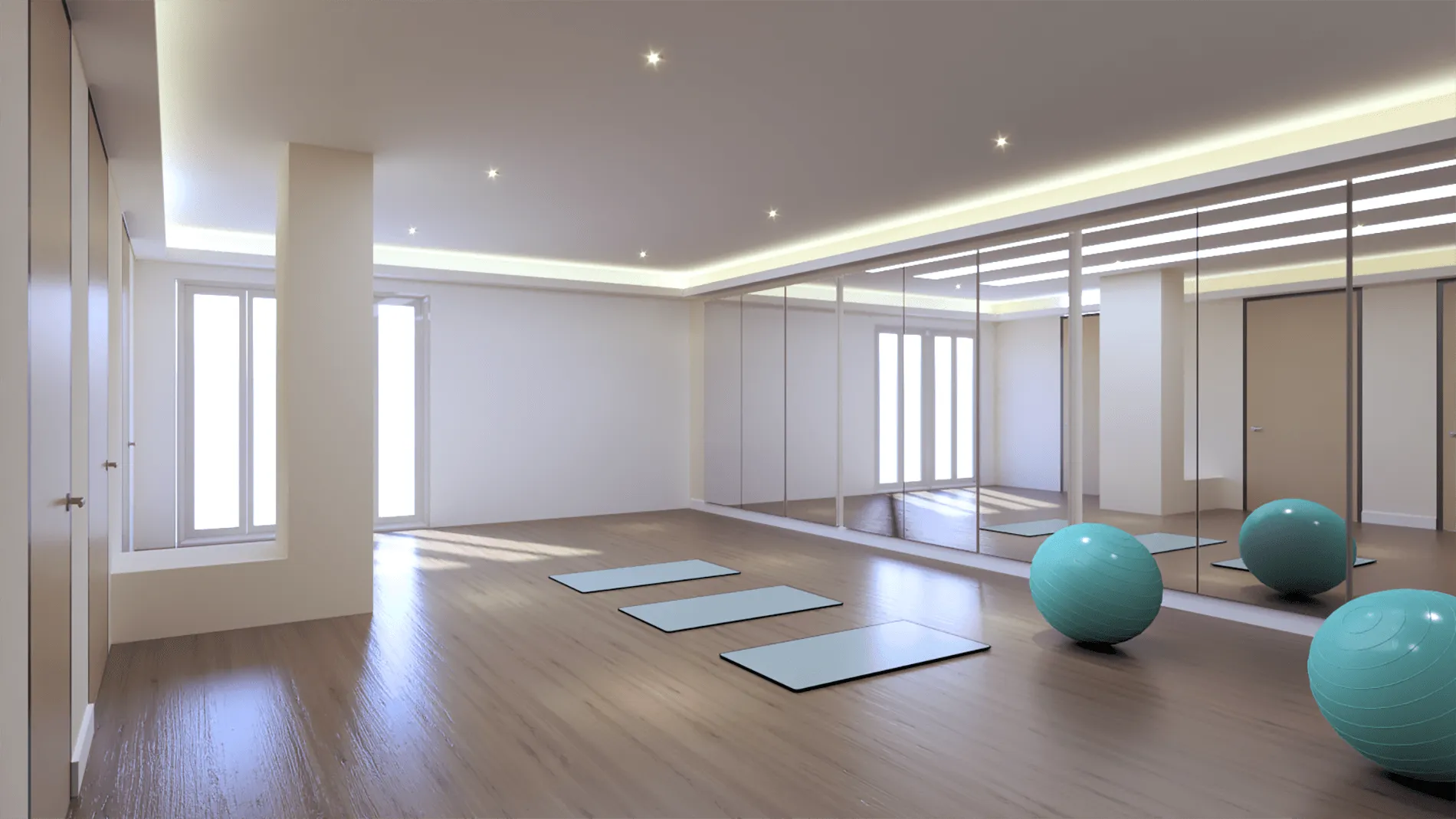 Wellness clinic exercise room with yoga mats on the floor and therapy balls, designed by Beatrice Leupold