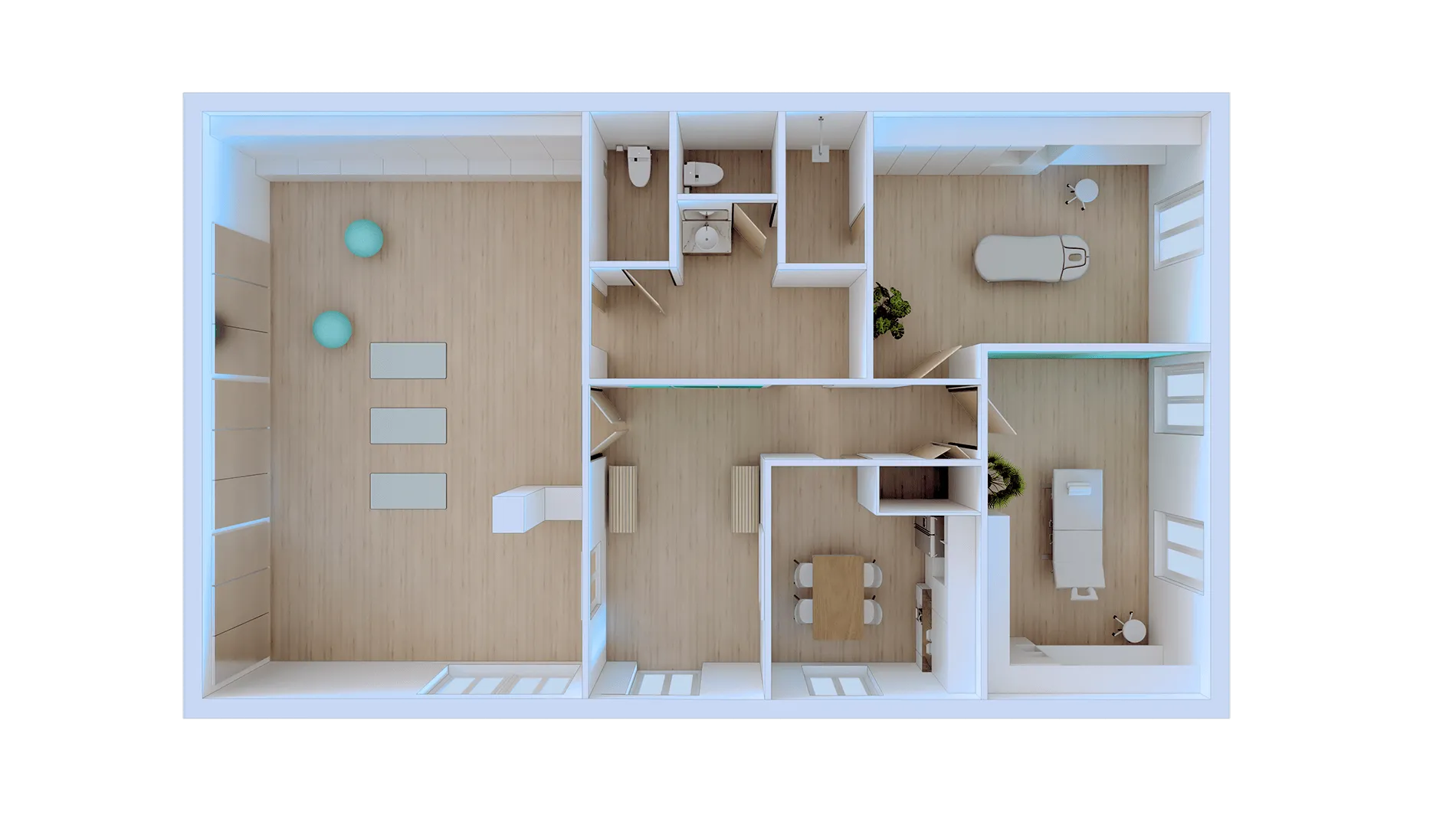 Wellness clinic complete floorplan rendering from top view, designed by Beatrice Leupold