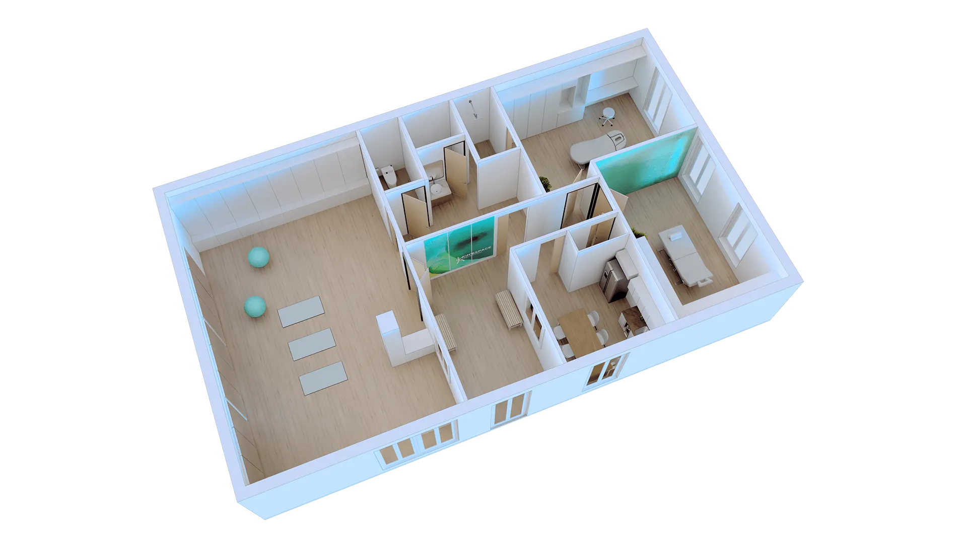 Wellness clinic complete floorplan rendering from a different angle, designed by Beatrice Leupold
