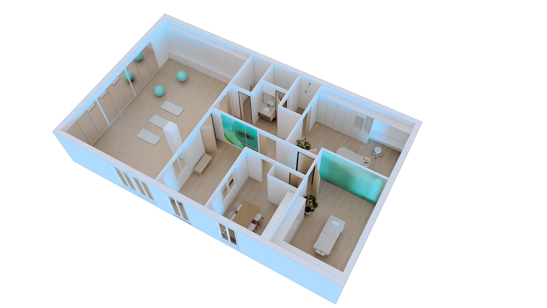 Wellness clinic complete floorplan rendering, designed by Beatrice Leupold