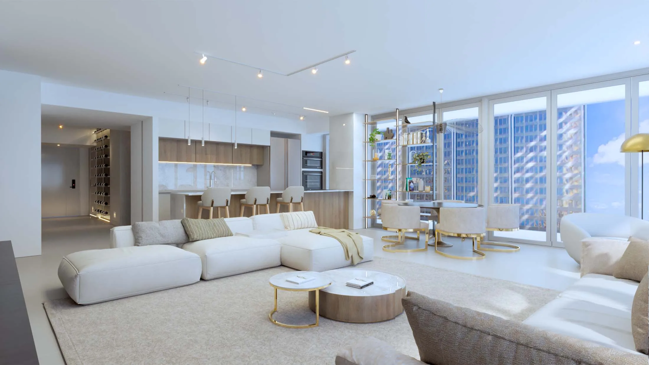 Rendering of the penthouse living room with ocean views