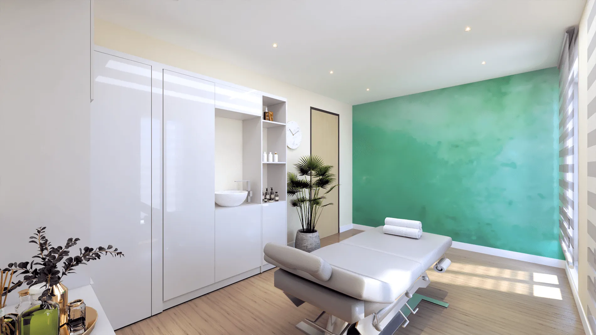 Wellness clinic main therapy room with a teal color wall, designed by Beatrice Leupold