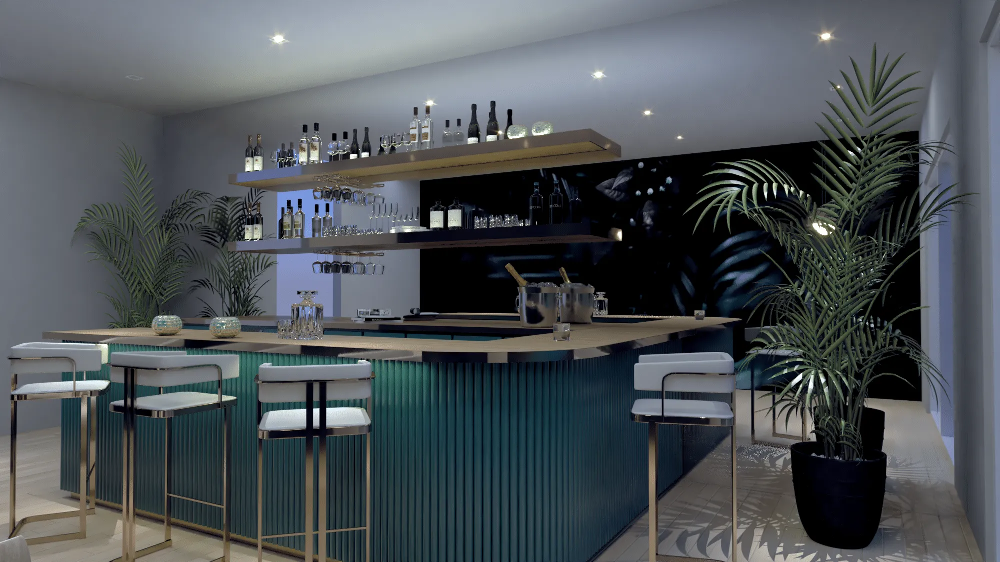 Coral Gables renovation, lounge bar with white stools, designed by Beatrice Leupold