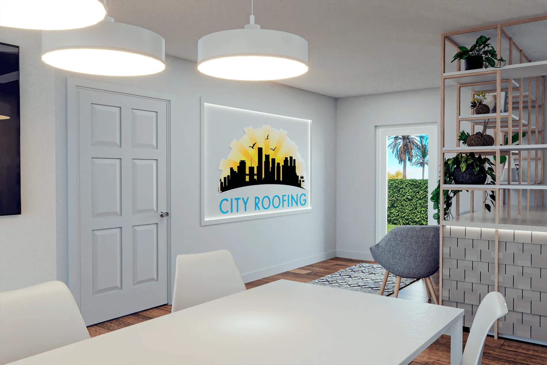 Modular Business Office - lobby entrance with city roofing logo on the wall, designed by Beatrice Leupold