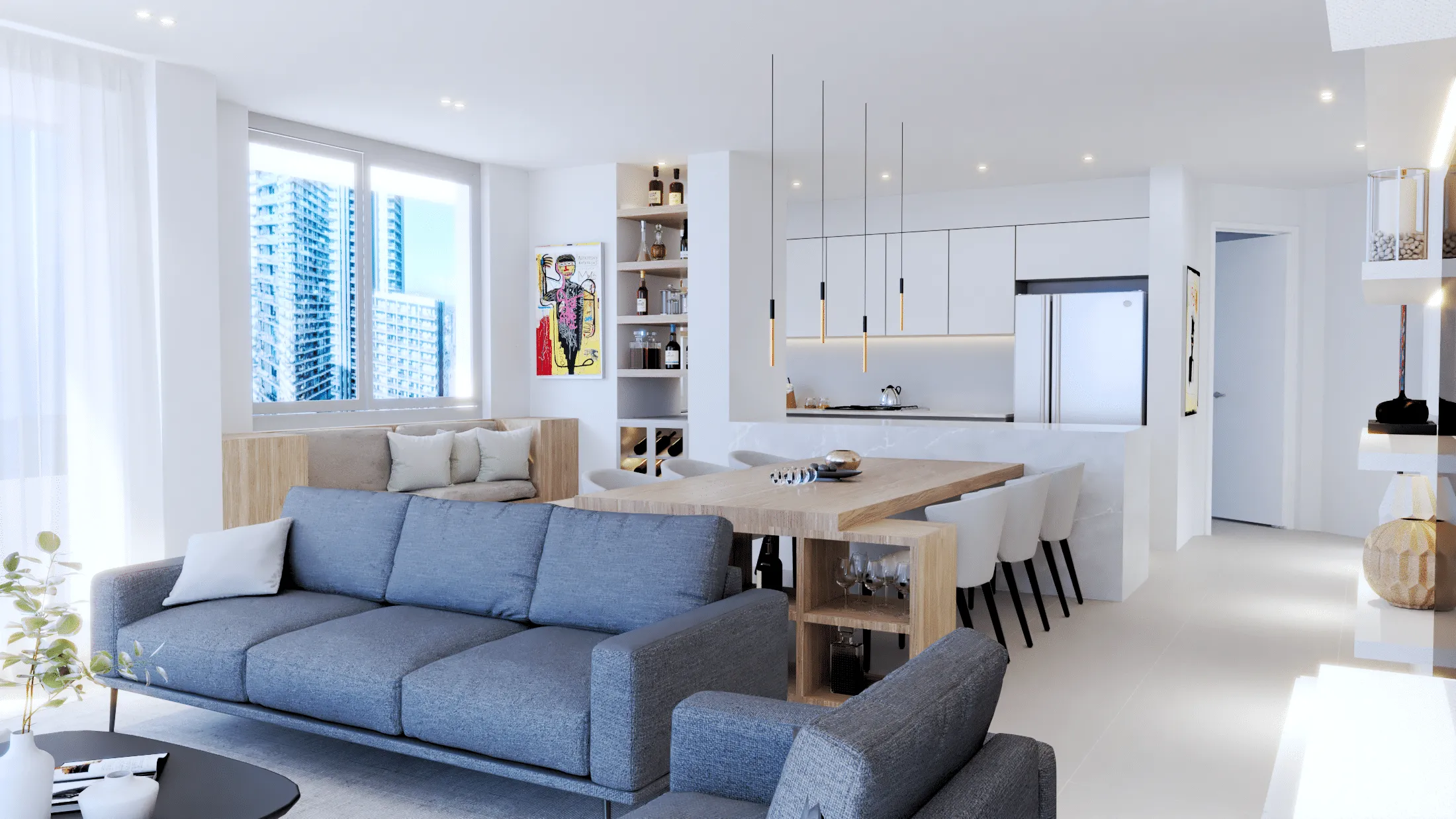 Rendering of the open living space with wine bar and lounging area overlooking Brickell Bay
