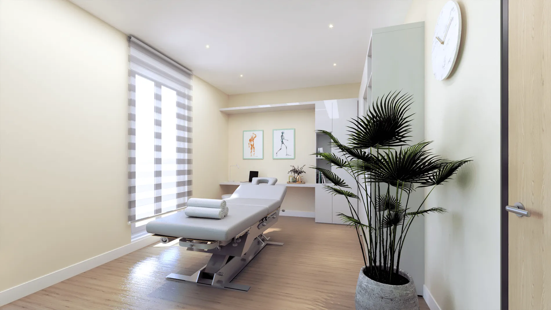 Wellness clinic main therapy room with one big window from floor to ceiling, designed by Beatrice Leupold
