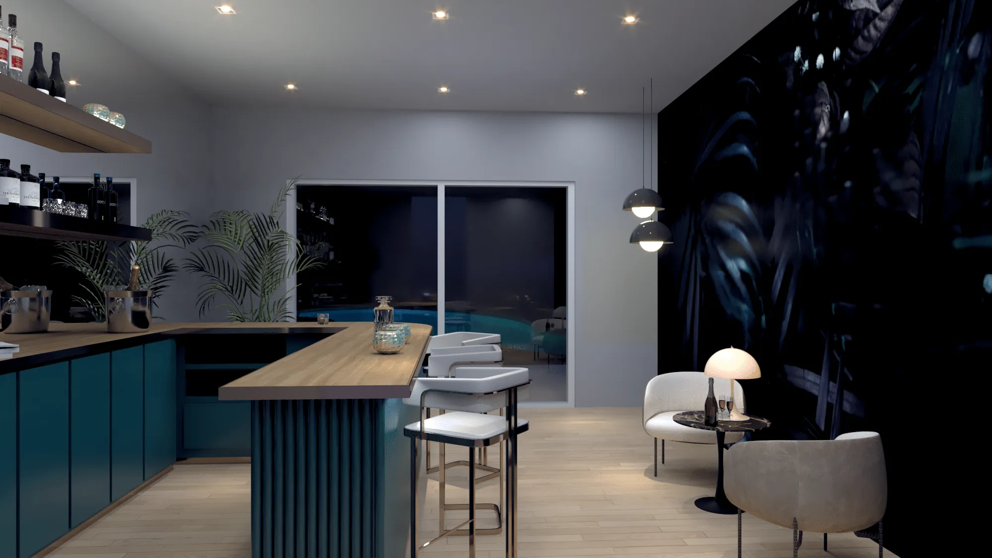 Coral Gables renovation, lounge bar room with a seating area, designed by Beatrice Leupold