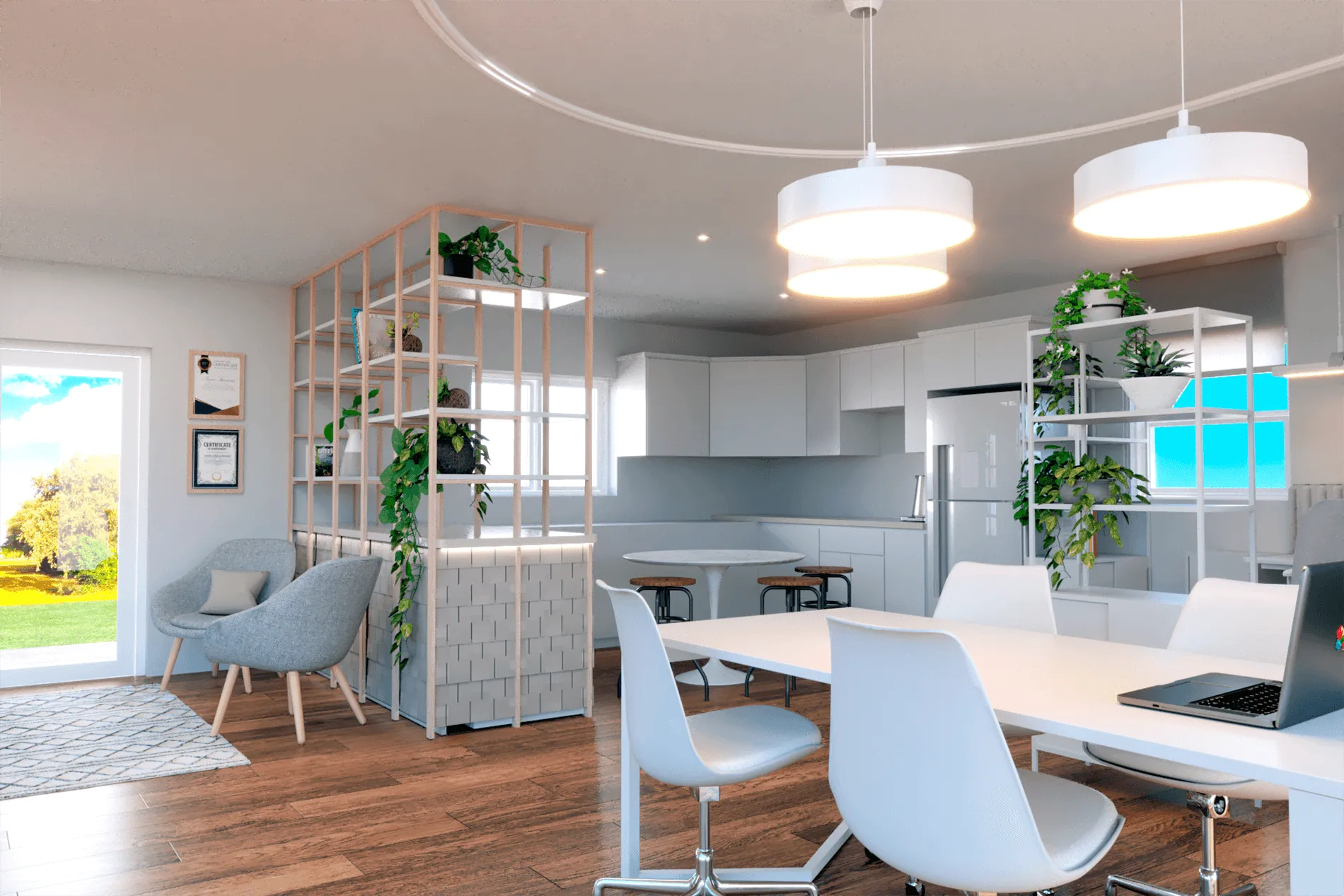 Modular Business Office - kitchen area with a long table used for conferences, designed by Beatrice Leupold