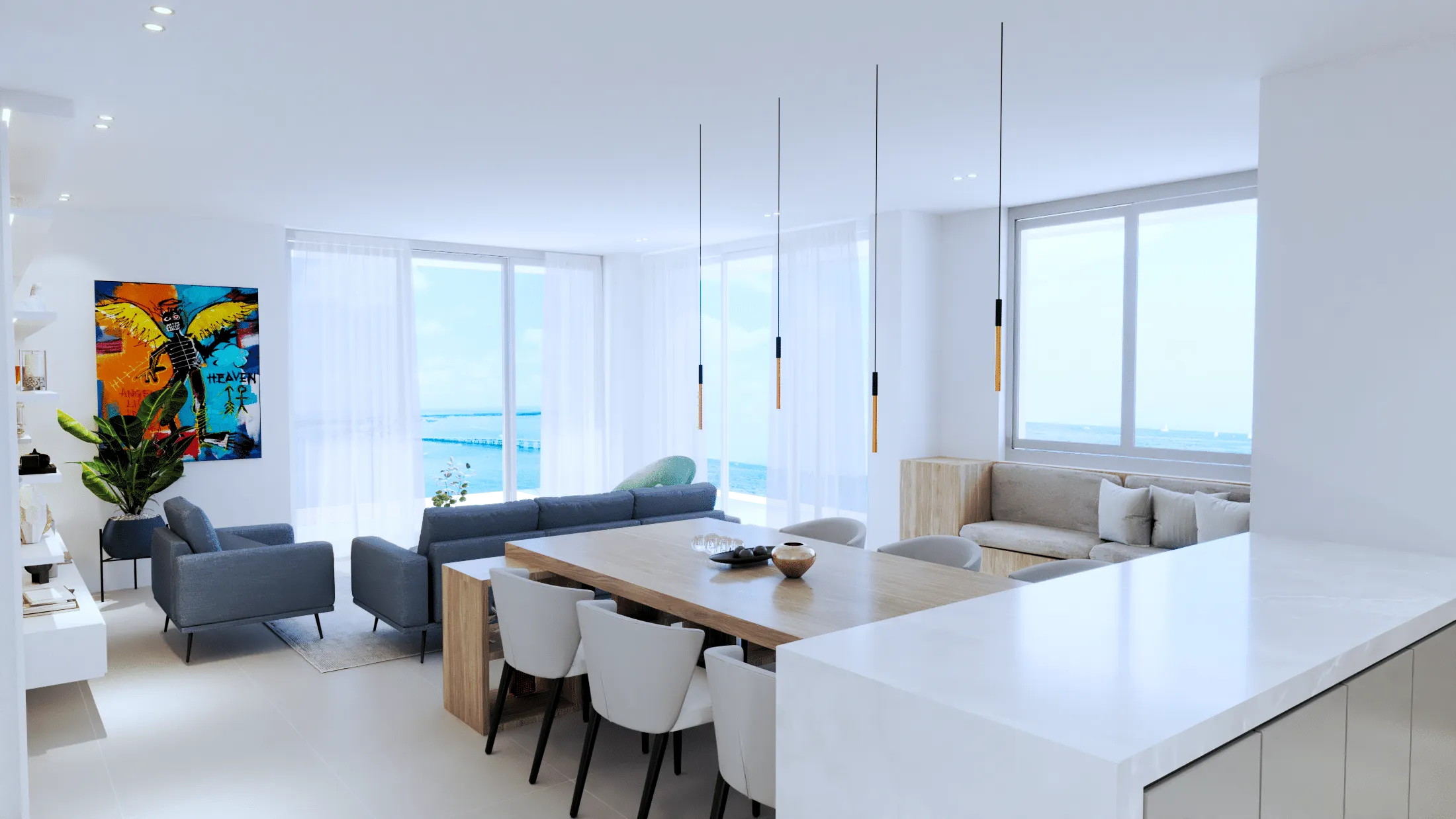 Rendering of the open living space mixing wood, stone and fabrics