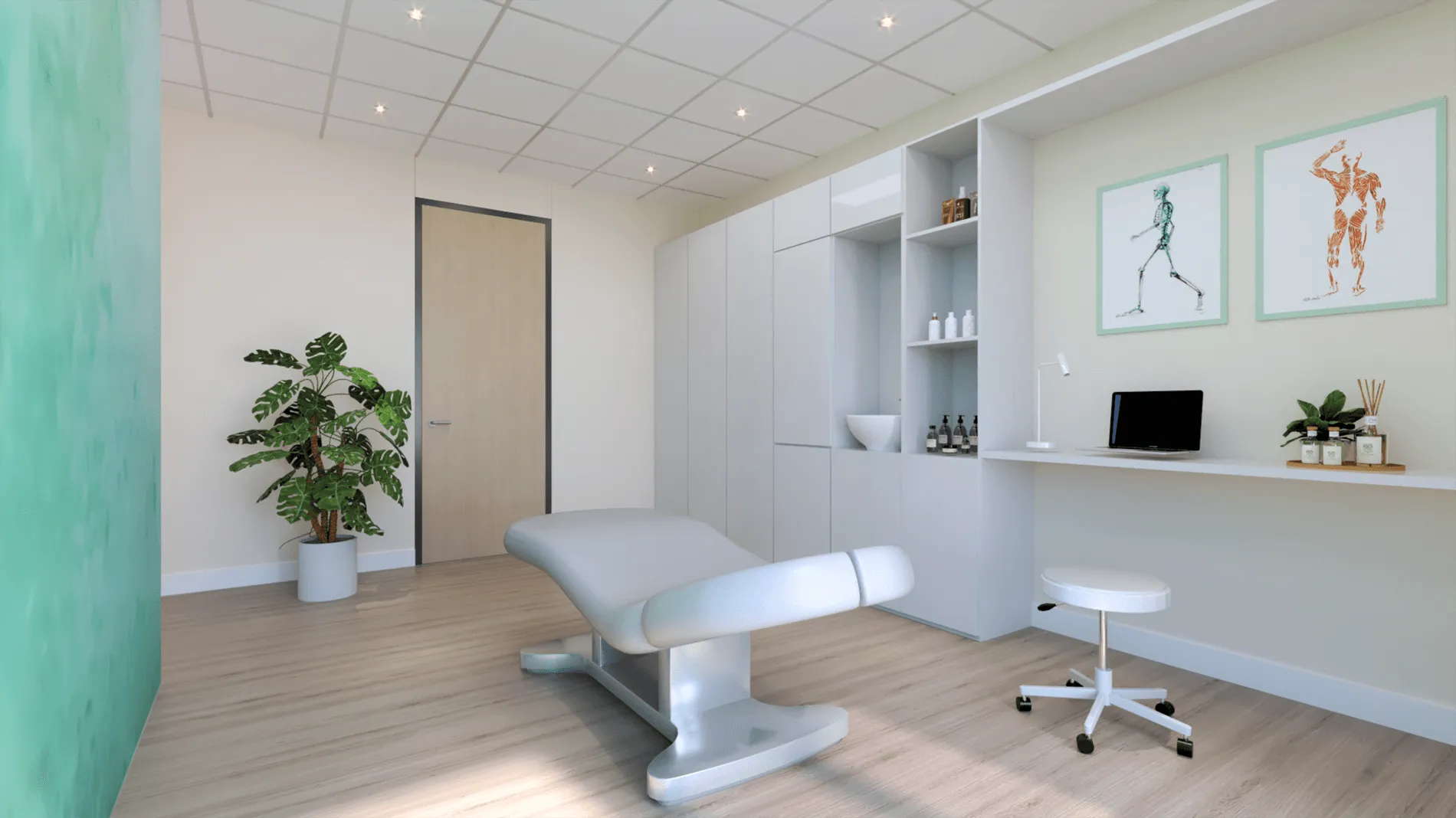 Wellness clinic secondary therapy room, designed by Beatrice Leupold