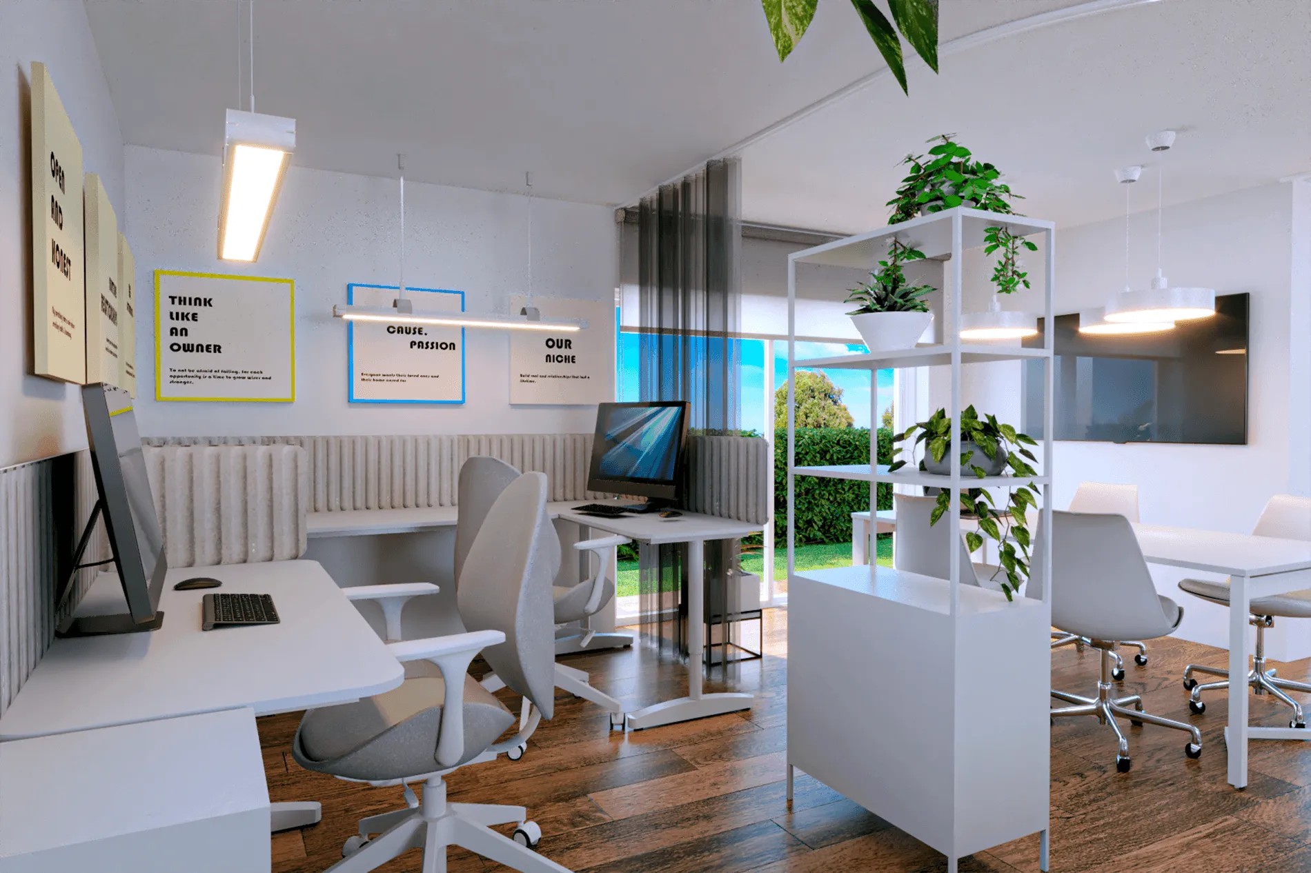Modular Business Office - two white desks setup next to the dining room, designed by Beatrice Leupold