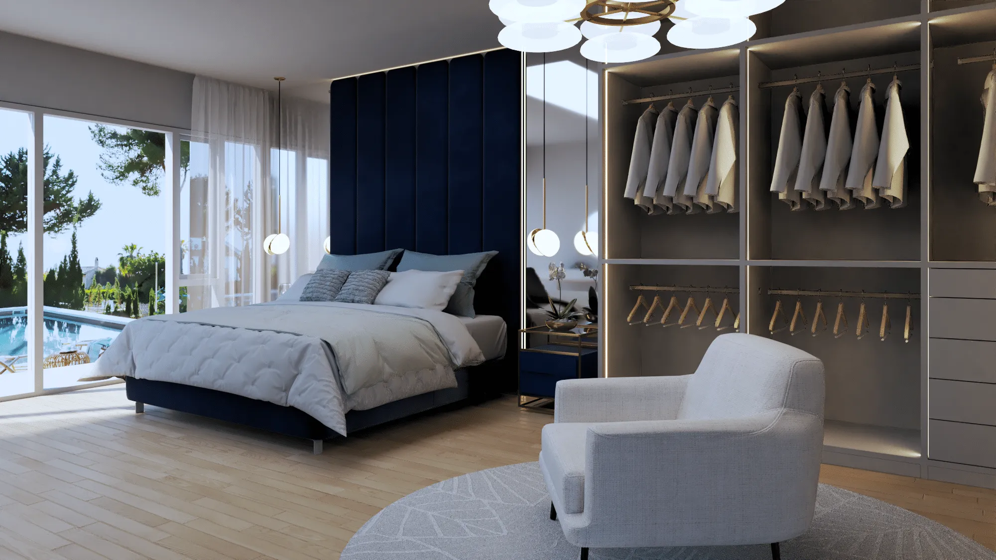 Coral Gables renovation, main bedroom renovation with an open closet next to the bed, designed by Beatrice Leupold