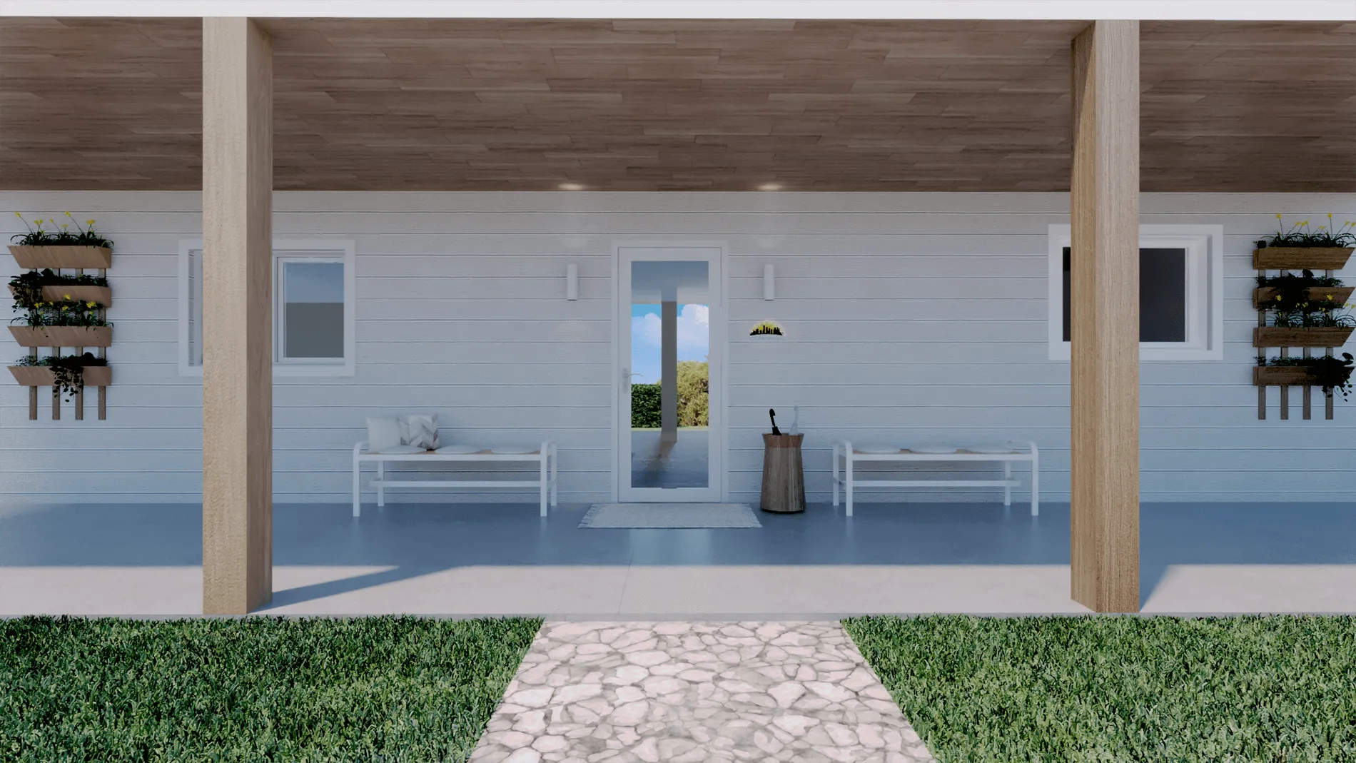 Modular Business Office - view of the front of the house with two benches on each side of the front door, designed by Beatrice Leupold