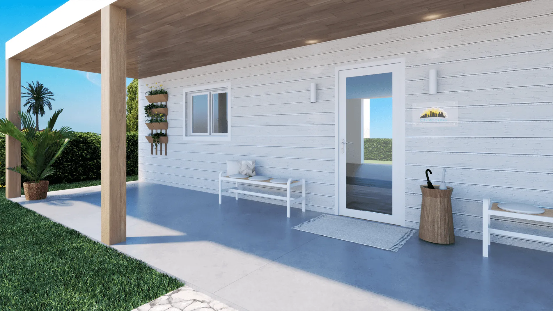 Modular Business Office - view of the front porch, designed by Beatrice Leupold
