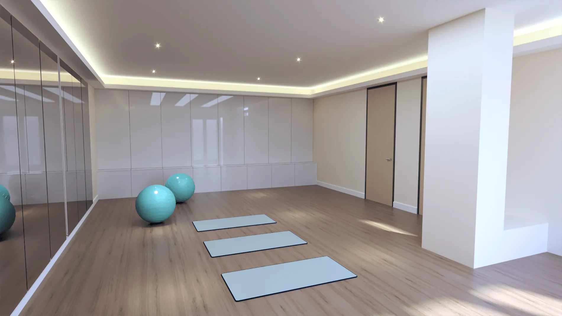 Wellness clinic exercise room with a wall of floor-to-ceiling mirrors, designed by Beatrice Leupold