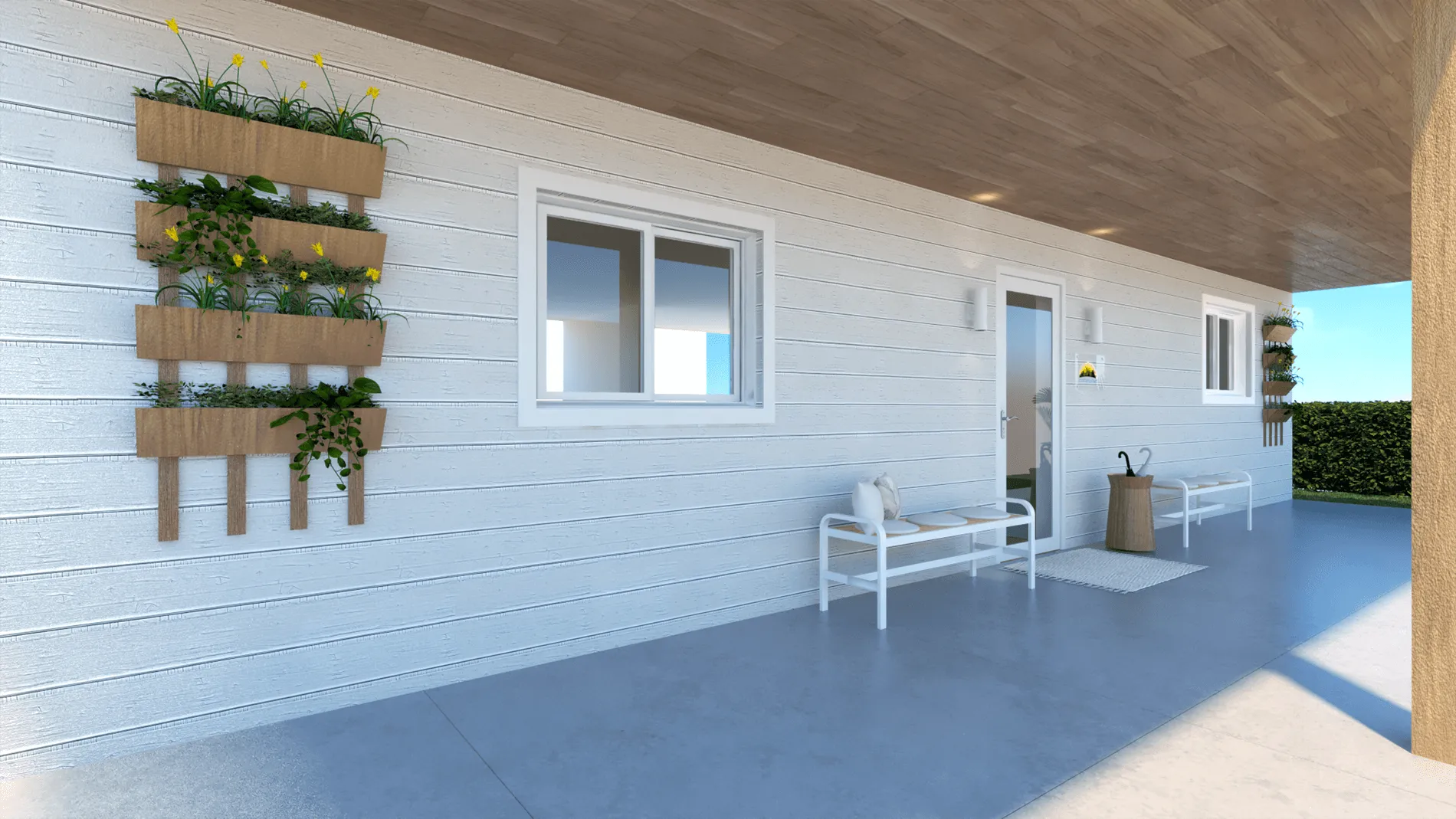 Modular Business Office - view of the front porch with wooden roof, designed by Beatrice Leupold