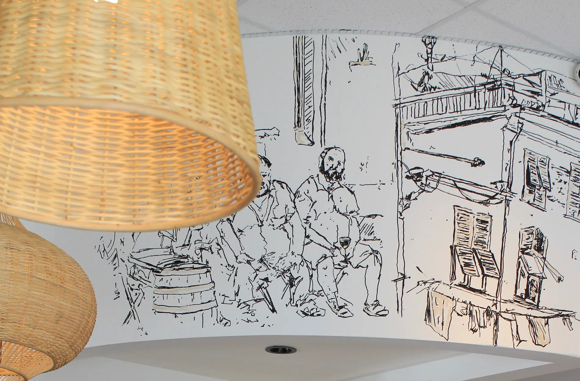 Café Crème Miami Restaurant - the walls with drawings, design by Beatrice Leupold