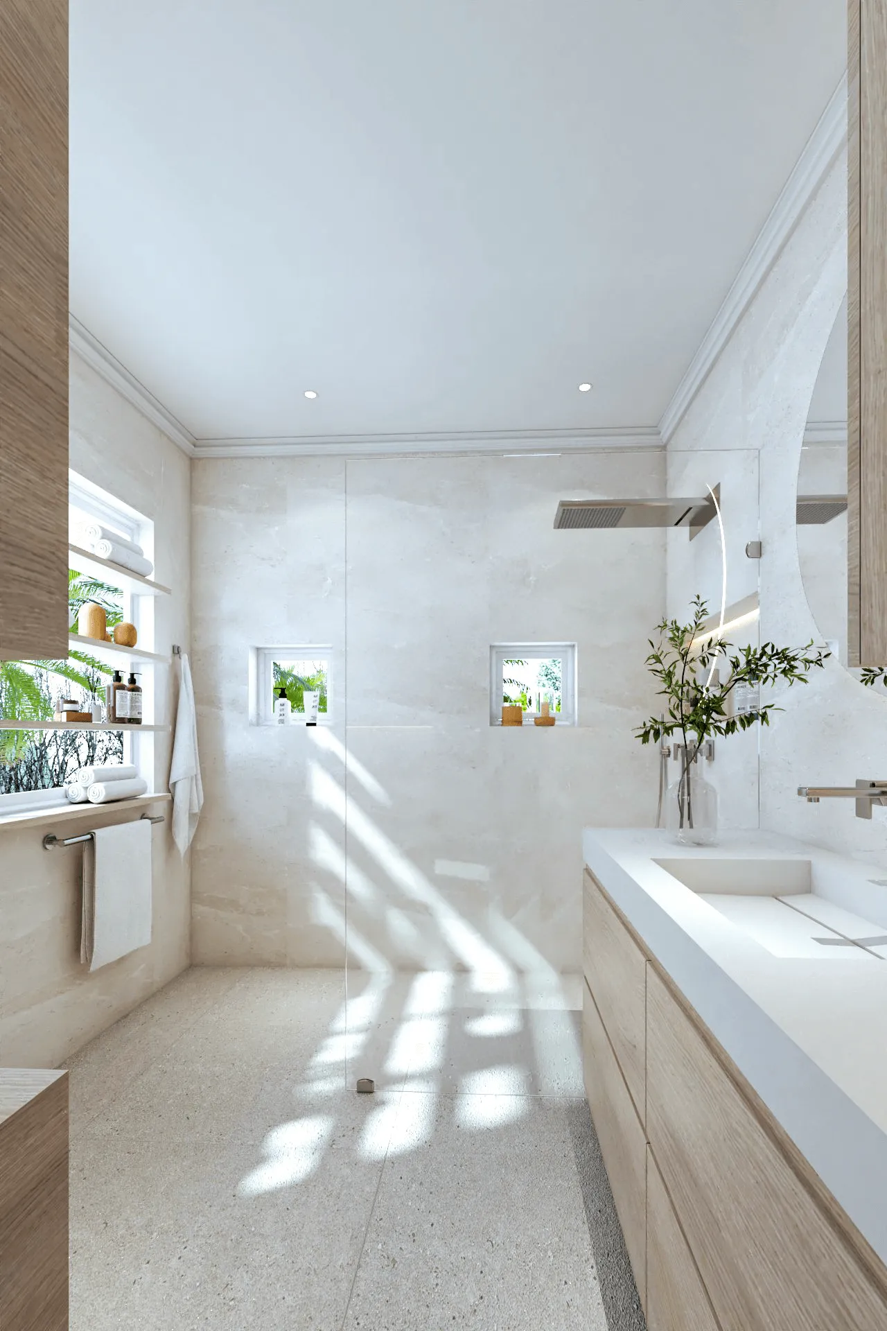 Rendering of the master bathroom vanity area with natural daylight