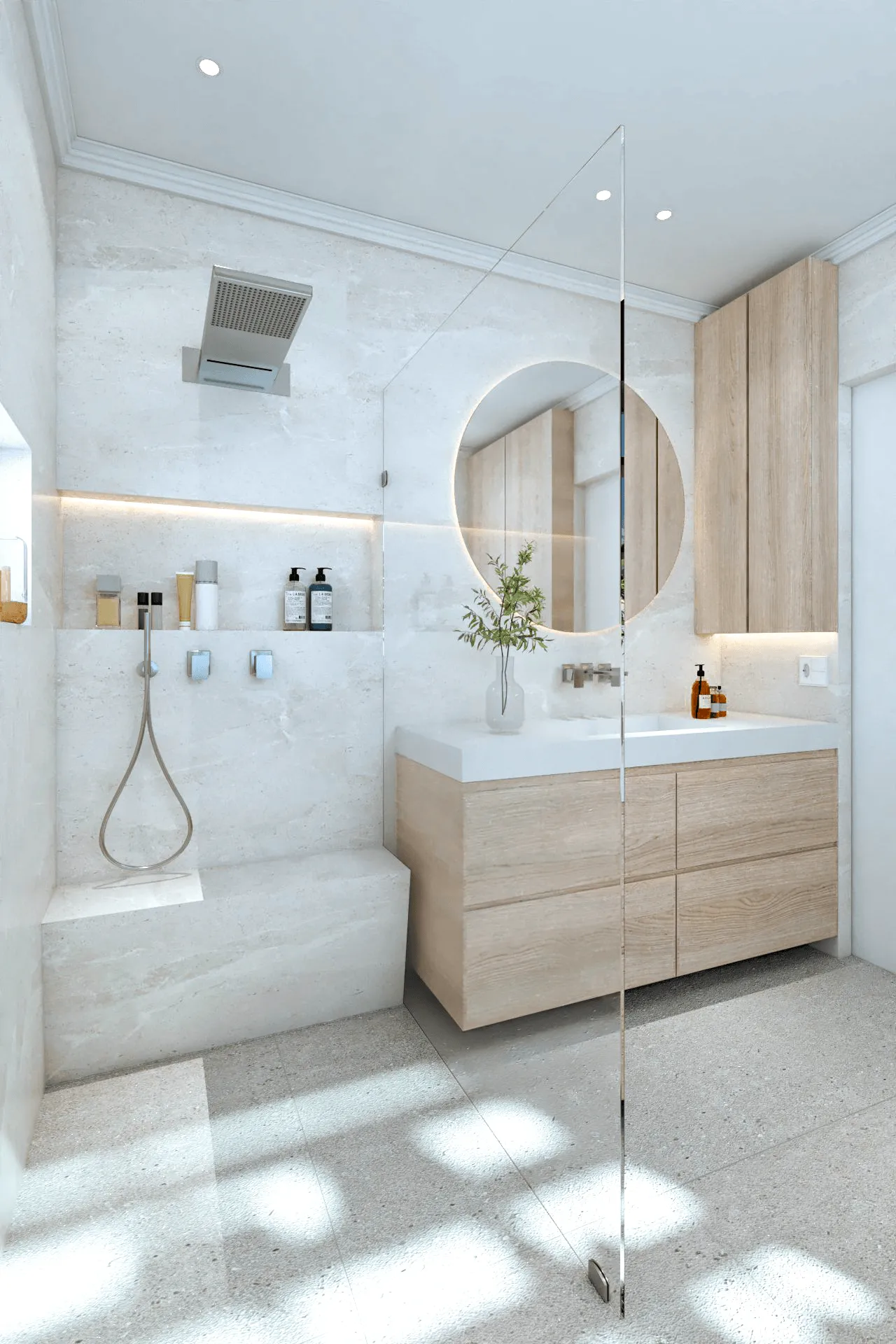 Rendering of the modern coastal master bathroom with cottage-style finishes