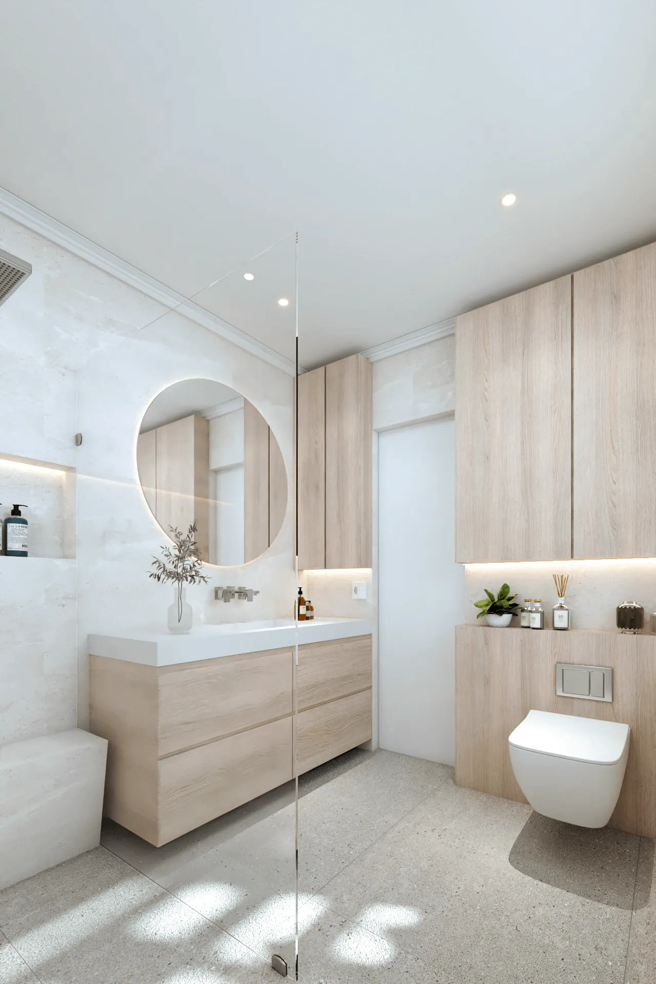 Rendering of the master bathroom showing custom storage and windows