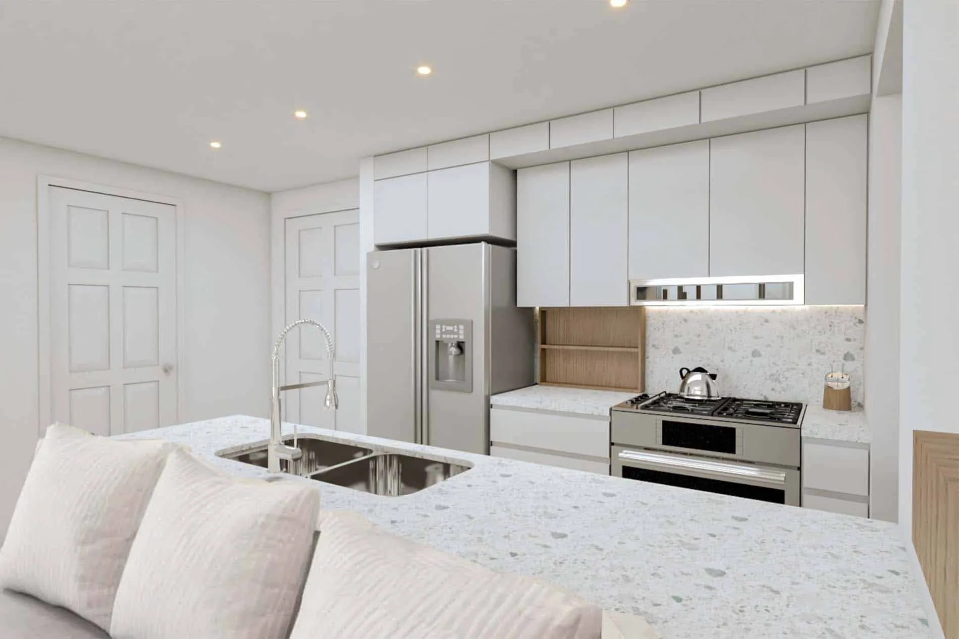 Rendering of the pied-à-terre kitchen for the Coral Gables apartment