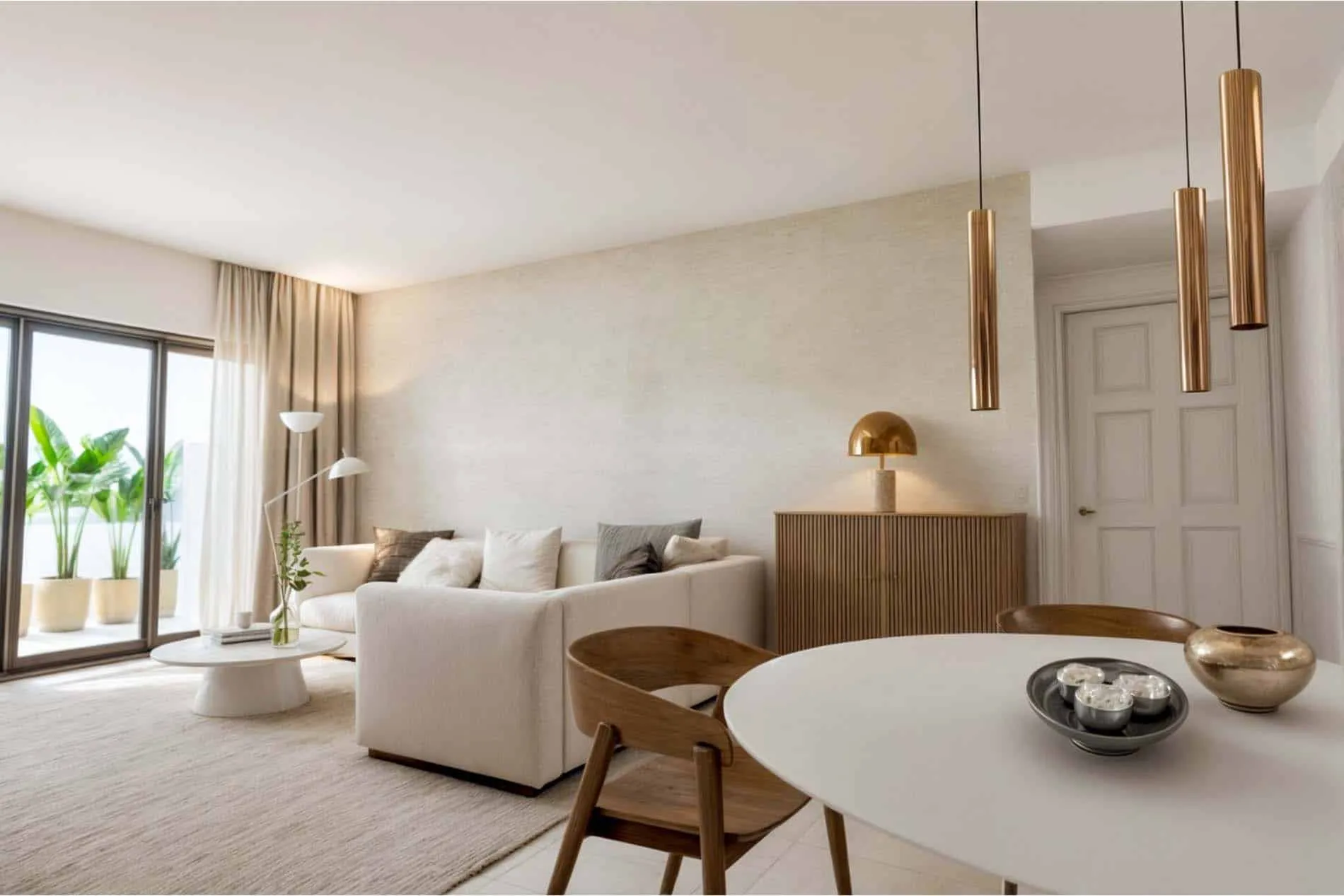 Rendering of the living and dining area of the Coral Gables apartment