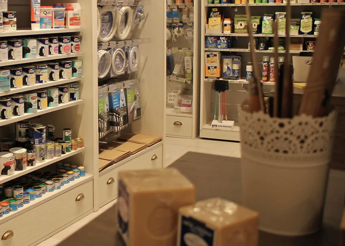Droguerie de la Tour - product stands in the renovated store