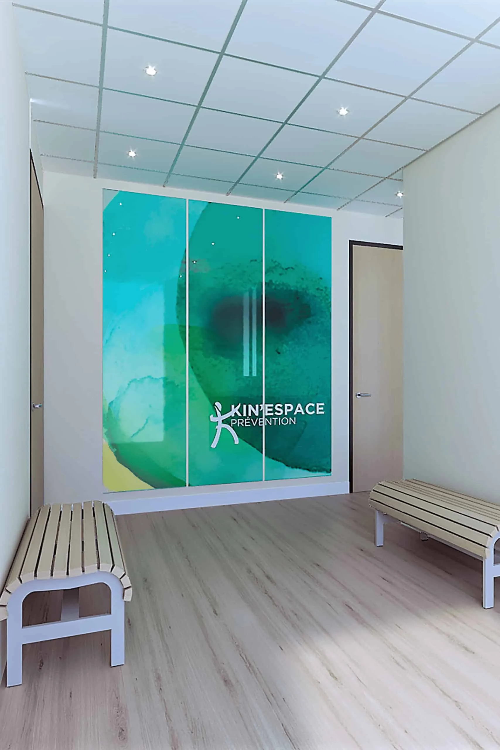 Wellness clinic waiting room with two benches on each side, designed by Beatrice Leupold