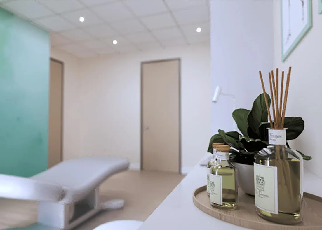 Wellness clinic secondary therapy room with a connecting door to the main room, designed by Beatrice Leupold