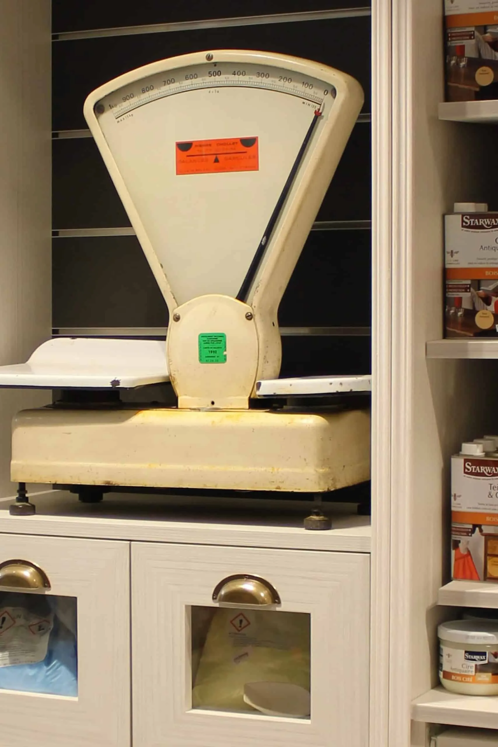 Droguerie de la Tour - vintage scale on the store counter