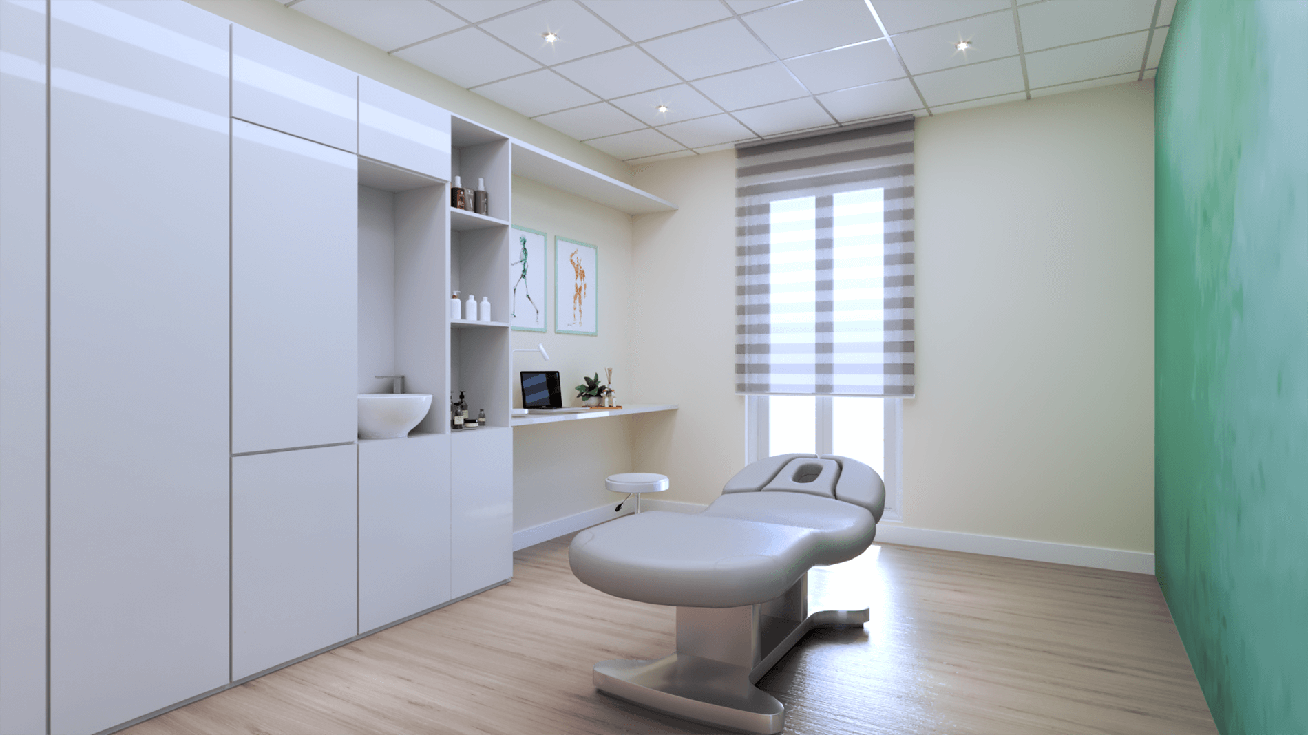 Wellness clinic secondary therapy room with a therapy bed in the middle, designed by Beatrice Leupold